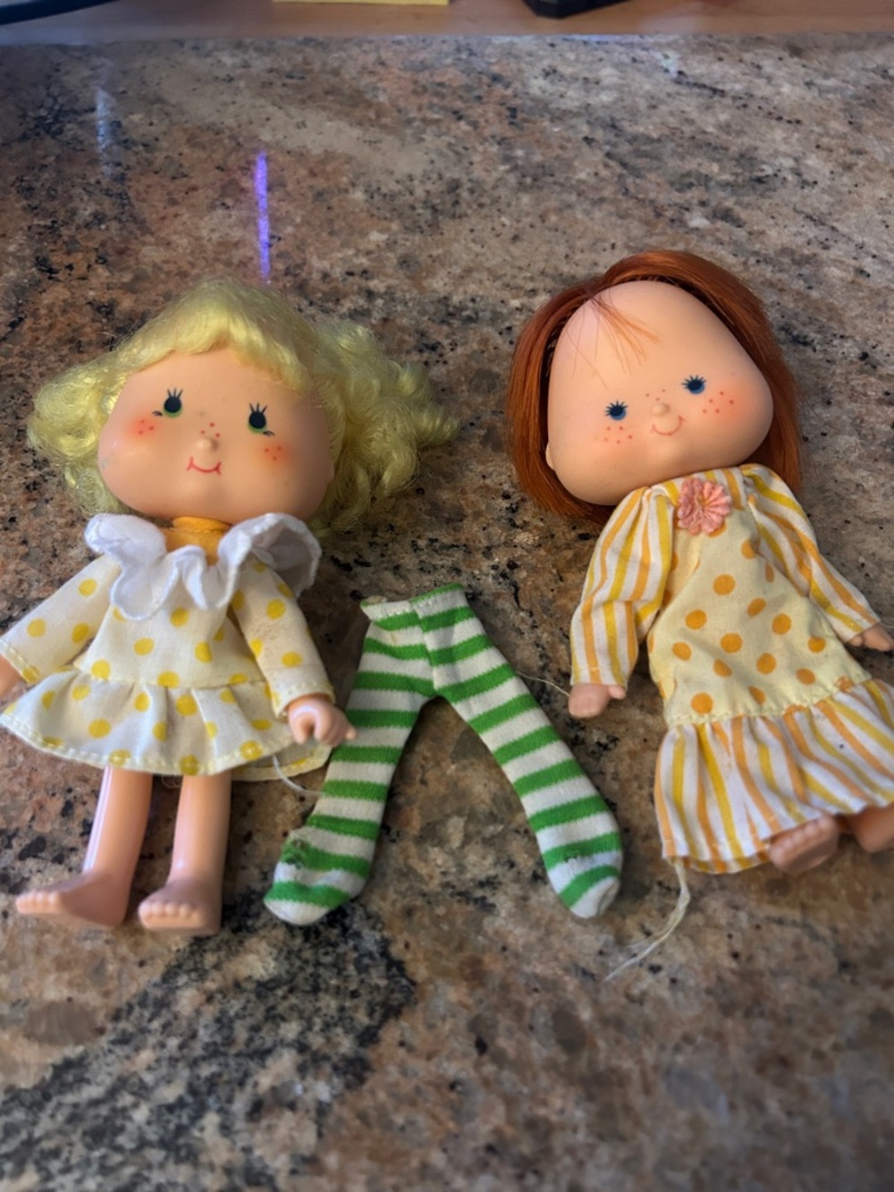 Set of Two Yellow Polka Dot Kids Dolls with Green Striped Tights